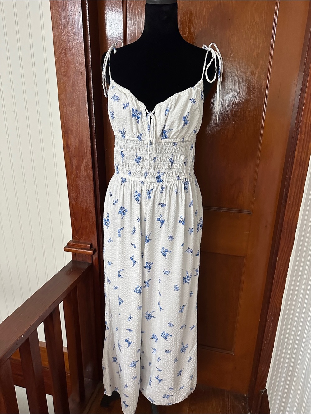 H&M White and Blue Floral Smocked Wide-Leg Jumpsuit